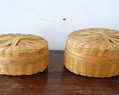 Vintage Pair of Oval Woven Rattan Lidded Nesting Miniature Baskets, Made in China