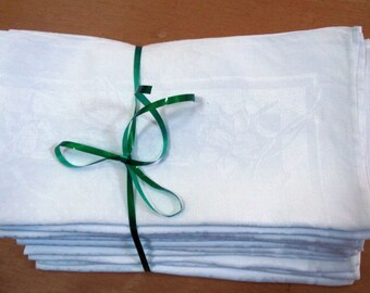 One Dozen Antique 22-inch Square Damask Dinner Napkins, Daffodils and Polka Dots, Narrow Hem