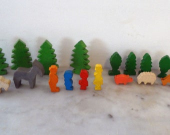 Vintage Wooden Jigsaw Cutout Farm Figures: Trees, Family, Farm Animals