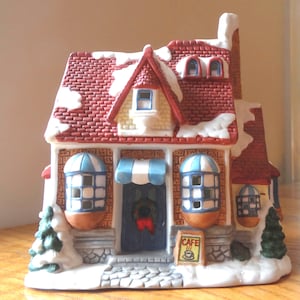 Village de Noël Café illuminé Cottage en céramique avec auvents à rayures