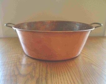 Vintage Kupfer Marmeladenpfanne, Jelly Pot, gerollter Rand, genietete Messinggriffe, 15 "Durchmesser, 3,6 Pfund, 11 + Quart Volumen