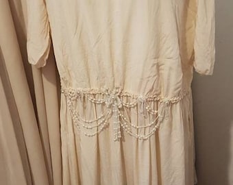 Prachtige 1920 antiek ivoor zijden parel kralen jurk bruiloft Bridal