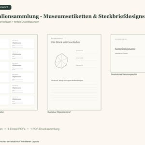 May include: A digital design set titled Mineraliensammlung - Museumsetiketten & Steckbriefdesigns featuring twelve museum labels, an illustrated object profile sheet, and a personal collection sign with black text and line art on a light background.