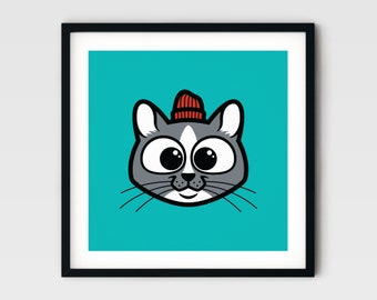 Cat in Red Winter Hat Screen Print - Kids Room Decor - Nursery Decor - Wall Art - Signed Limited Edition of 50 - By Matt Douglas