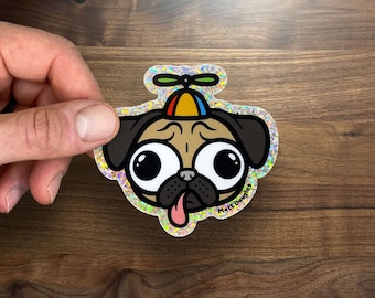 Pug in Propeller Beanie Hat Glitter Sticker. Dog Sticker - Pet Sticker - By Matt Douglas