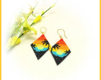 Tropical Sunset Beaded Earrings, Brick Stitch Beaded Earrings, Geometric Design Earrings, Glass Miyuki Delica Beads, Boho Beaded Earrings