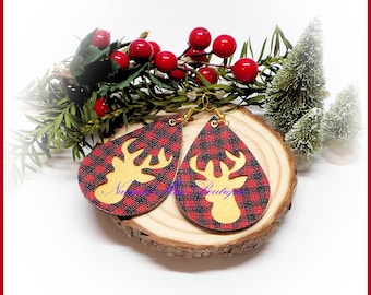 Buffalo Plaid Reindeer Earrings: Faux Leather Christmas Earrings