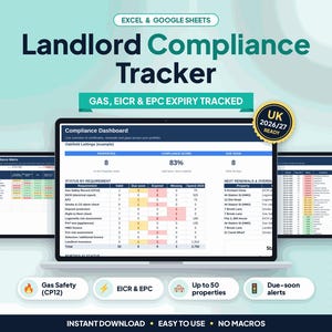 May include: A digital Landlord Compliance Tracker for Excel and Google Sheets. The interface displays a Compliance Dashboard with property data, status requirements, and renewal alerts. A gold badge indicates UK 2026/27 readiness.