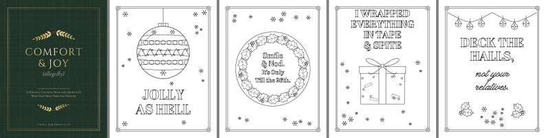 Puede incluir: Un conjunto de cinco tarjetas rectangulares con tem&aacute;tica navide&ntilde;a. Una es de color verde oscuro con texto dorado COMFORT & JOY. Las otras cuatro son blancas con dibujos de l&iacute;neas negras: un adorno navide&ntilde;o, una corona, un regalo y luces.