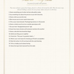 May include: A white card with gold borders featuring the title Pass the Gravy Boat and the subtitle hot potato for people with opinions. It lists fifteen numbered prompts for a dinner party game, including questions about politics and family.