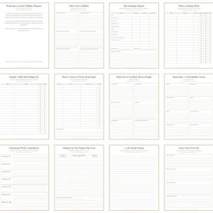 May include: A dark green holiday planner cover with gold text reading Calm, Merry & Composed, followed by eighteen white interior pages featuring various organizational templates, checklists, and trackers for holiday planning and gift management.