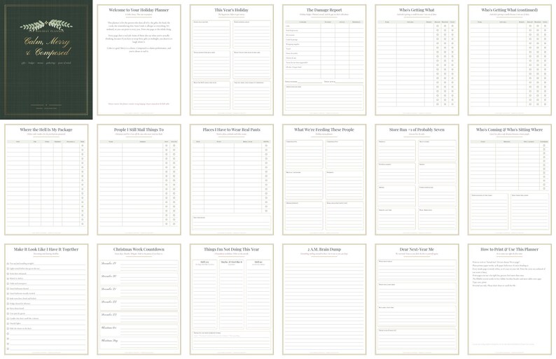 May include: A dark green holiday planner cover with gold text reading Calm, Merry & Composed, followed by eighteen white interior pages featuring various organizational templates, checklists, and trackers for holiday planning and gift management.