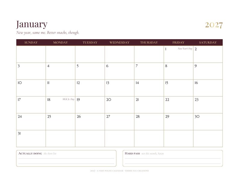 Calendario divertido para imprimir de 2027, calendario mensual sarcástico para pared, elegante calendario de escritorio, con inicio en domingo o lunes, descarga en PDF tamaño carta A4. imagen 3