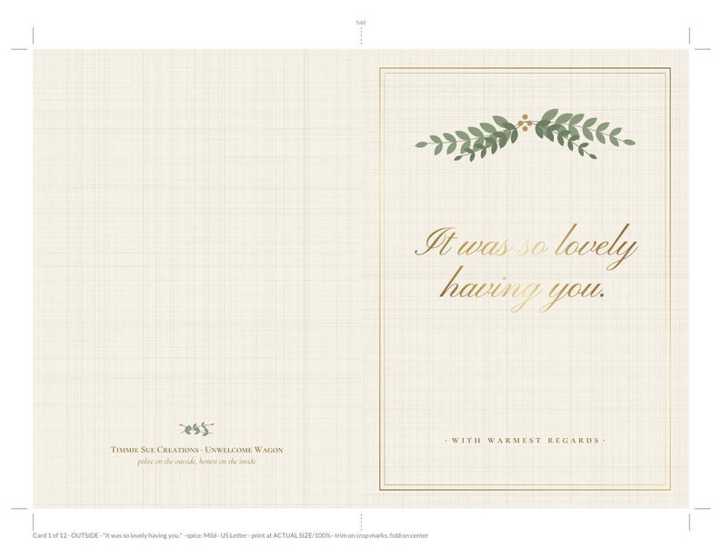 May include: A folded greeting card with a cream-colored grid background. The front features a green leaf sprig, gold-toned text reading 'It was so lovely having you.', and the phrase 'WITH WARMEST REGARDS' enclosed in a thin gold border.