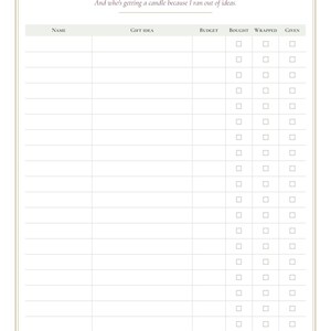 May include: A printable gift tracking sheet titled Who's Getting What (continued) with the subtitle And who's getting a candle because I ran out of ideas. It features columns for Name, Gift Idea, Budget, Bought, Wrapped, and Given.