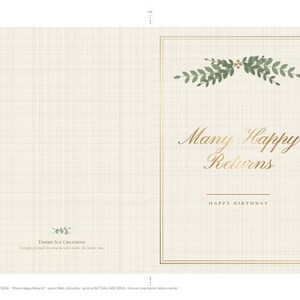 May include: A greeting card with a cream-colored grid background. The front features a gold-lined rectangular border, a green leaf illustration, and the gold text Many Happy Returns and HAPPY BIRTHDAY. The back includes small text.