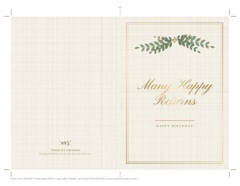 May include: A greeting card with a cream-colored grid background. The front features a gold-lined rectangular border, a green leaf illustration, and the gold text Many Happy Returns and HAPPY BIRTHDAY. The back includes small text.