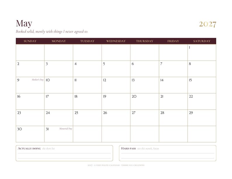 Calendario divertido para imprimir de 2027, calendario mensual sarcástico para pared, elegante calendario de escritorio, con inicio en domingo o lunes, descarga en PDF tamaño carta A4. imagen 4