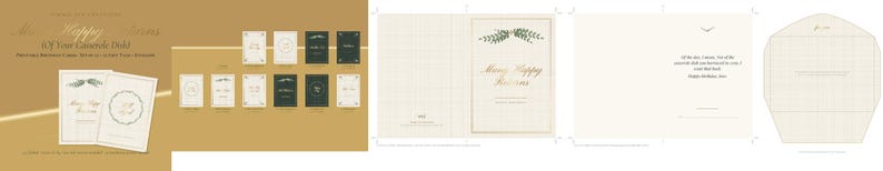 May include: A set of printable greeting cards featuring the text "Many Happy Returns" and "Of Your Goodness Field" with botanical illustrations. The cards are displayed in various color schemes including cream and dark green with gold accents.