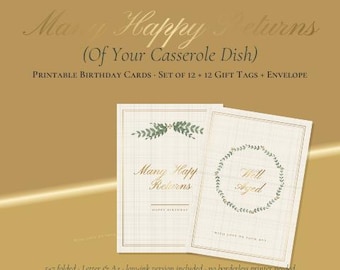 May include: Two rectangular birthday cards on a gold background. One card features the text Many Happy Returns and a green leaf design. The other card features the text Well Aged inside a green leaf wreath. The cards have a grid pattern.