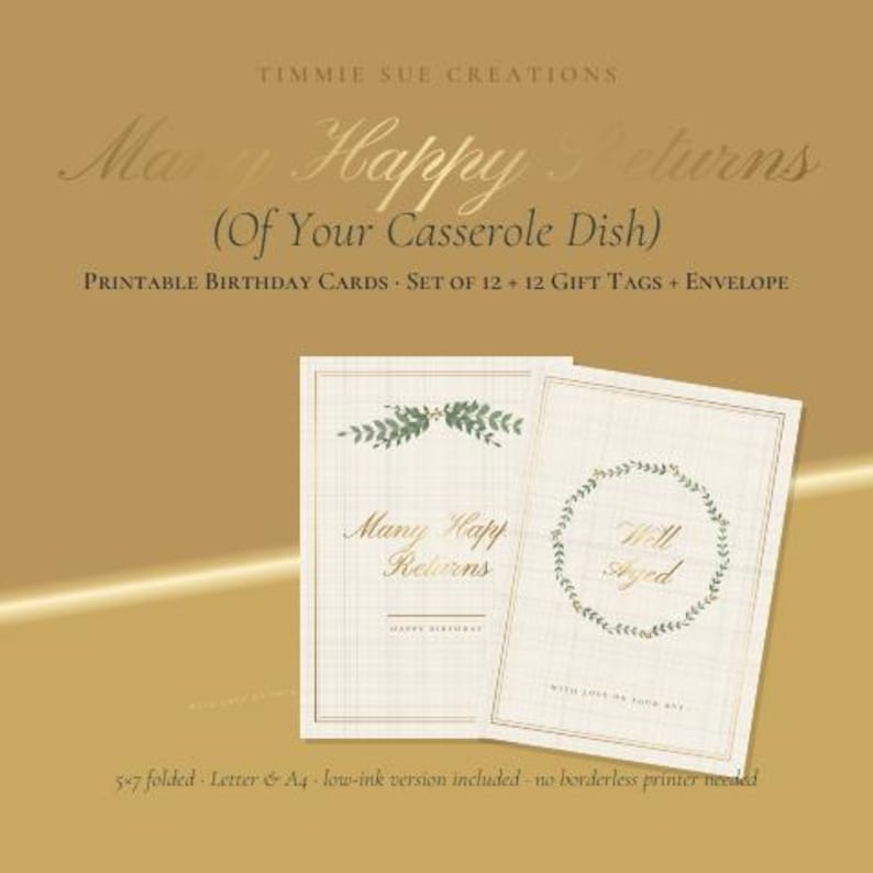 May include: Two rectangular birthday cards on a gold background. One card features the text Many Happy Returns and a green leaf design. The other card features the text Well Aged inside a green leaf wreath. The cards have a grid pattern.