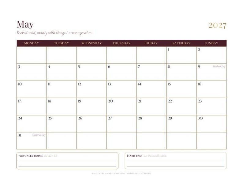 Calendario divertido para imprimir de 2027, calendario mensual sarcástico para pared, elegante calendario de escritorio, con inicio en domingo o lunes, descarga en PDF tamaño carta A4. imagen 5