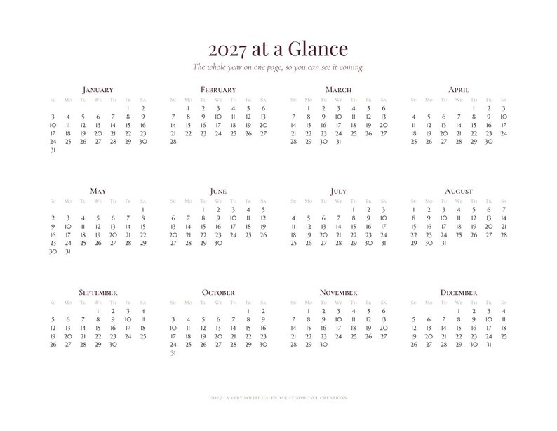 Calendario divertido para imprimir de 2027, calendario mensual sarcástico para pared, elegante calendario de escritorio, con inicio en domingo o lunes, descarga en PDF tamaño carta A4. imagen 2