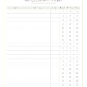 May include: A white gift tracking sheet titled Who's Getting What with the subtitle And who's getting a candle because I ran out of ideas. The grid includes columns for Name, Gift Idea, Budget, Bought, Wrapped, and Given with checkboxes.