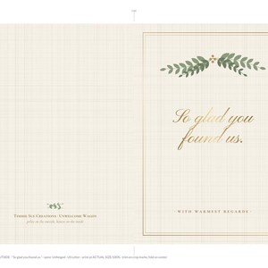 May include: A folded greeting card with a cream-colored grid background. The front features a gold-foiled border, green leaf illustrations, and the gold text "So glad you found us." Below is the text "WITH WARMEST REGARDS" and small branding text.