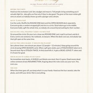 May include: A white instructional card titled How to Play with gold text and borders. It outlines rules for a gift exchange game, including sections for setup, round one, round two, house rules, and the end, with black text on a white background.