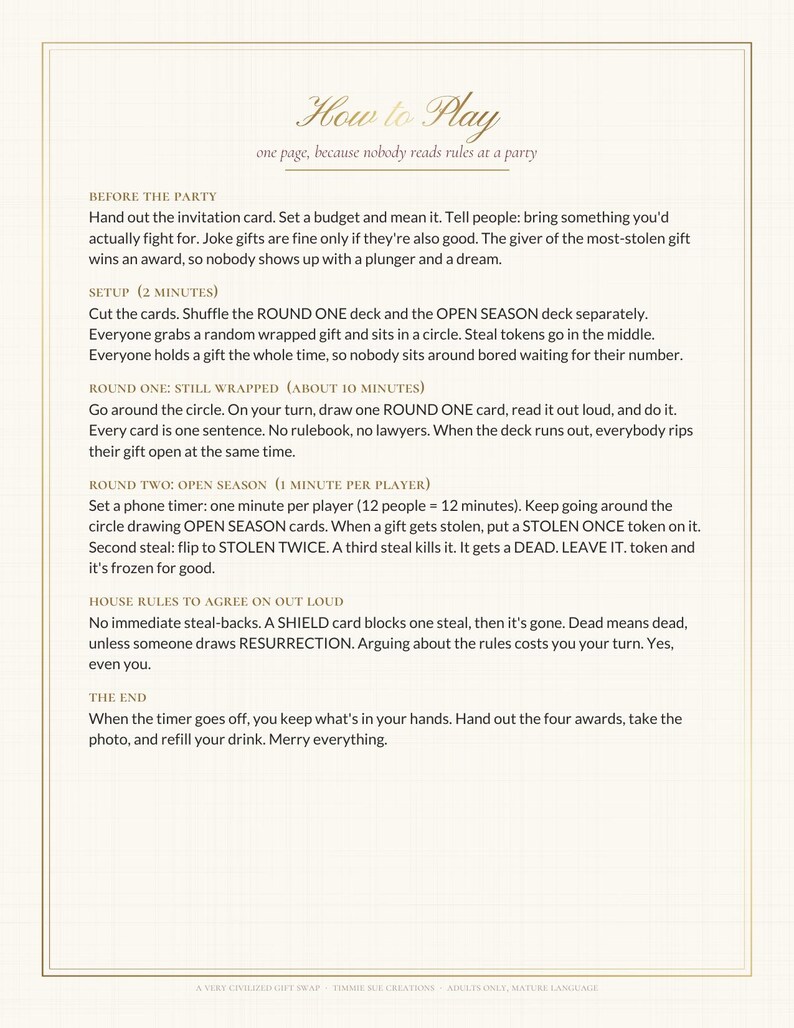 May include: A white instructional card titled How to Play with gold text and borders. It outlines rules for a gift exchange game, including sections for setup, round one, round two, house rules, and the end, with black text on a white background.