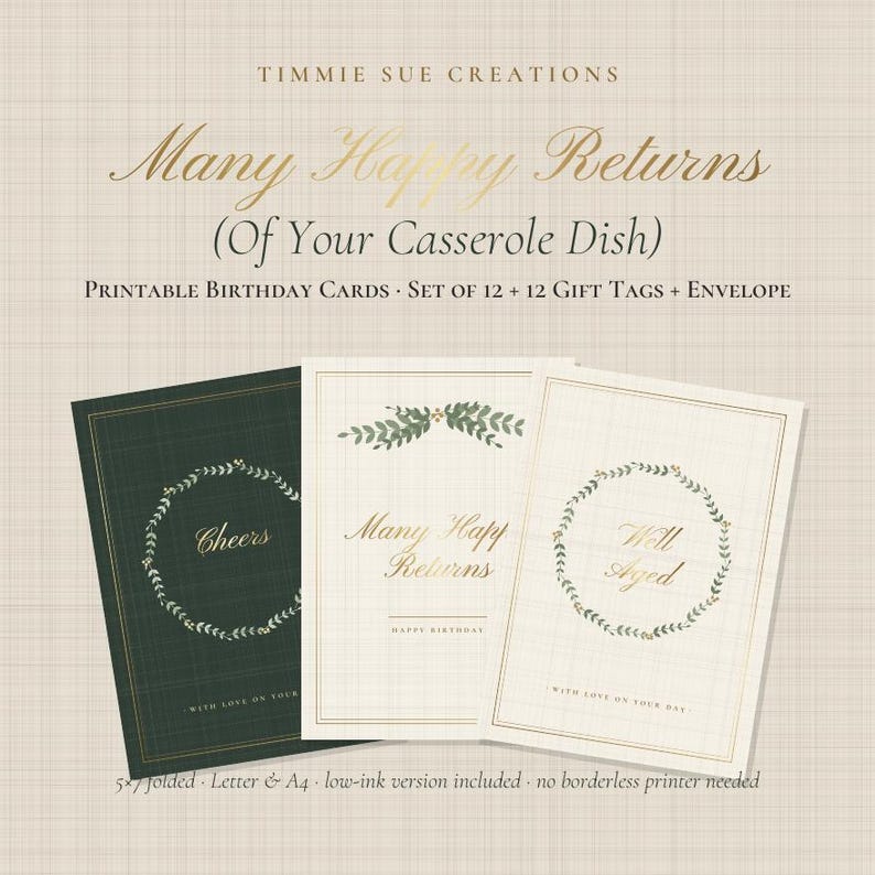 May include: A set of printable birthday cards featuring the text Many Happy Returns (Of Your Casserole Dish) and Timmie Sue Creations. The cards include designs with wreaths, the words Cheers, Many Happy Returns, and Well Aged on a grid background.