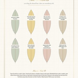 May include: A printable game sheet titled The Feathers featuring eight colored leaf-shaped cutouts with printed dares. Each leaf has a dotted outline and text instructions. The bottom section includes How to Host It instructions for a party game.
