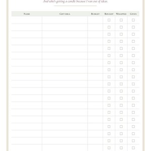 May include: A white gift tracking sheet titled Who's Getting What with the subtitle And who's getting a candle because I ran out of ideas. The grid includes columns for Name, Gift Idea, Budget, Bought, Wrapped, and Given with checkboxes.