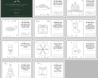May include: A set of eleven white rectangular holiday placemats featuring black line art illustrations and text. Each placemat includes a unique holiday-themed graphic, such as a Christmas tree, snowflake, or gift, alongside humorous phrases like The Ham Defender and The Diet Police.