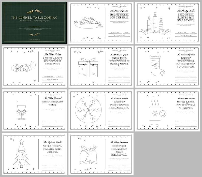 Funny Holiday Placemat Printable Set, Dinner Table Zodiac Coloring Placemats, Thanksgiving Christmas Table Games, 11x17 and Letter image 1