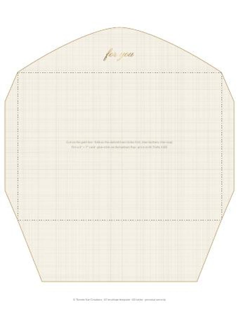 May include: A cream-colored paper envelope template featuring a subtle grid pattern. The text "for you" appears in gold script at the top. Instructions printed in the center state: "Cut on the gold line. Fold on the dotted lines. Note: this fits a 5" x 7" card."