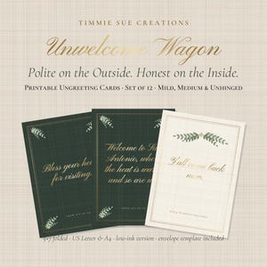 Puede incluir: Un conjunto de doce tarjetas de felicitación imprimibles tituladas Unwelcome Wagon, con fondos de cuadrícula en verde oscuro y crema, texto dorado y detalles botánicos. Las tarjetas muestran frases como Bless your heart for visiting.