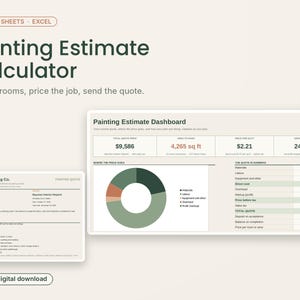 Könnte beinhalten: Eine digitale Vorlage für einen Maler-Kostenvoranschlag-Rechner für Google Sheets und Excel. Die Benutzeroberfläche zeigt ein Dashboard mit einem Ringdiagramm, einer Kostenaufschlüsselung und ein Beispieldokument für Fresh Coat Painting Co.