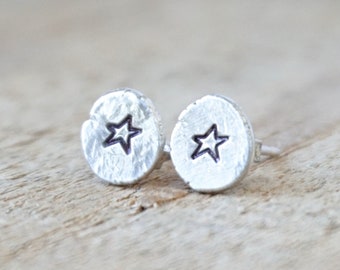 CLEARANCE Hand Stamped Star on Hammered Sterling Silver Stud Earrings