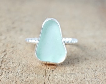 Size 8 1/4 Soft Aqua Blue Sea Glass Stacking Ring - Genuine Sea Glass, Natural Sea Glass, Beach Glass Ring, Stacking Jewelry, Stacker Ring