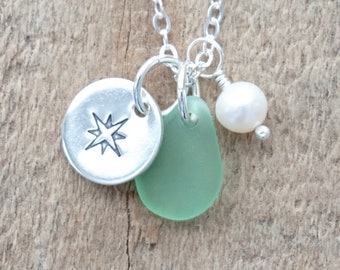Sterling Silver Compass Rose with Seafoam Green Sea Glass and Pearl Pendant