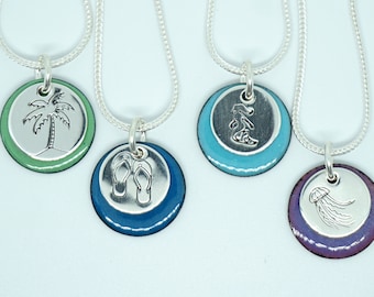 Palm Tree, Flip Flops, Mermaid, Jellyfish - Hand Stamped Sterling Silver on Enamel Pendant - Create Your Own