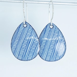Blue Accents on Light Seafoam Green Enamel Teardrop Earrings - Enamel Jewelry, Enamel Earrings, Blue Enamel Earrings