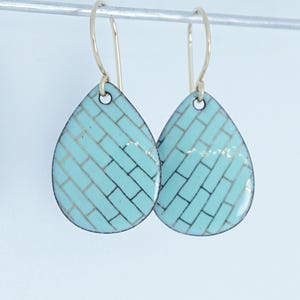 Gold Designs on Seafoam Green Enamel Teardrop Earrings - Enamel Jewelry, Geometric Earrings, Gold Earrings, Gold Fill Jewelry