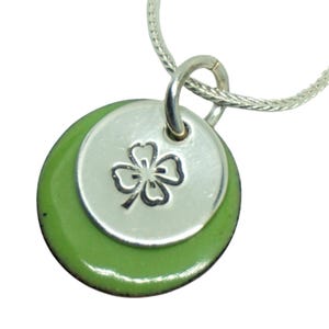Hand Stamped Sterling Silver Shamrock on Enamel Pendant - Choose Your Color - Four Leaf Clover Necklace, Enamel Necklace
