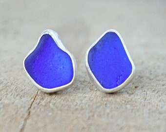 Cobalt Blue Sea Glass Stud Earrings
