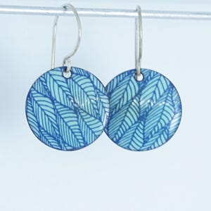 Blue Leaf Accents on Seafoam Green Enamel Disc Earrings - Enamel Jewelry, Enamel Earrings, Blue Earrings, Blue Jewelry, Floral Earrings
