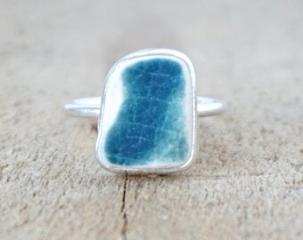Blue and White Sea Pottery Stacking Ring, Size 6