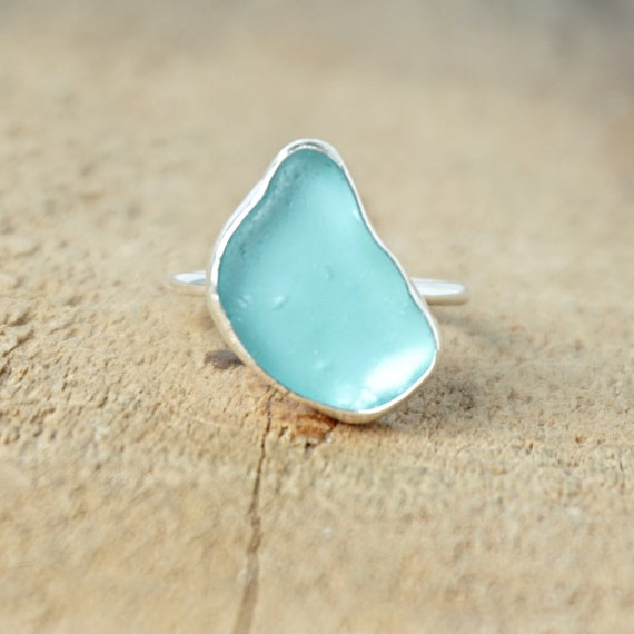 Size 7 1/2 Teal Blue Green Sea Glass Stacking Ring